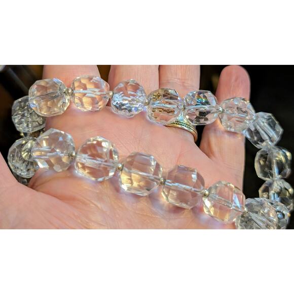 Vtg 925 Sterling Chunky Faceted Cut Rock Crystal Quartz Toggle Clasp Necklace - Picture 10 of 11